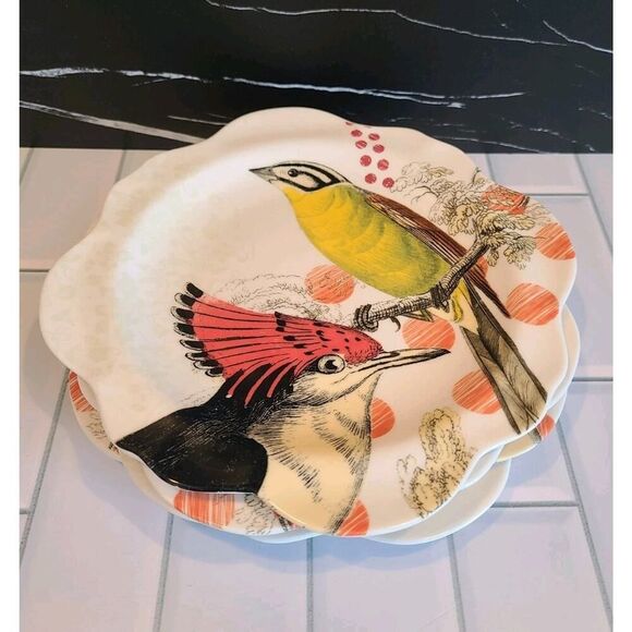 Anthropologie "On Safari" Salad Plates Scalloped Edge Birds Set of 4, Y2K EUC - Picture 8 of 10